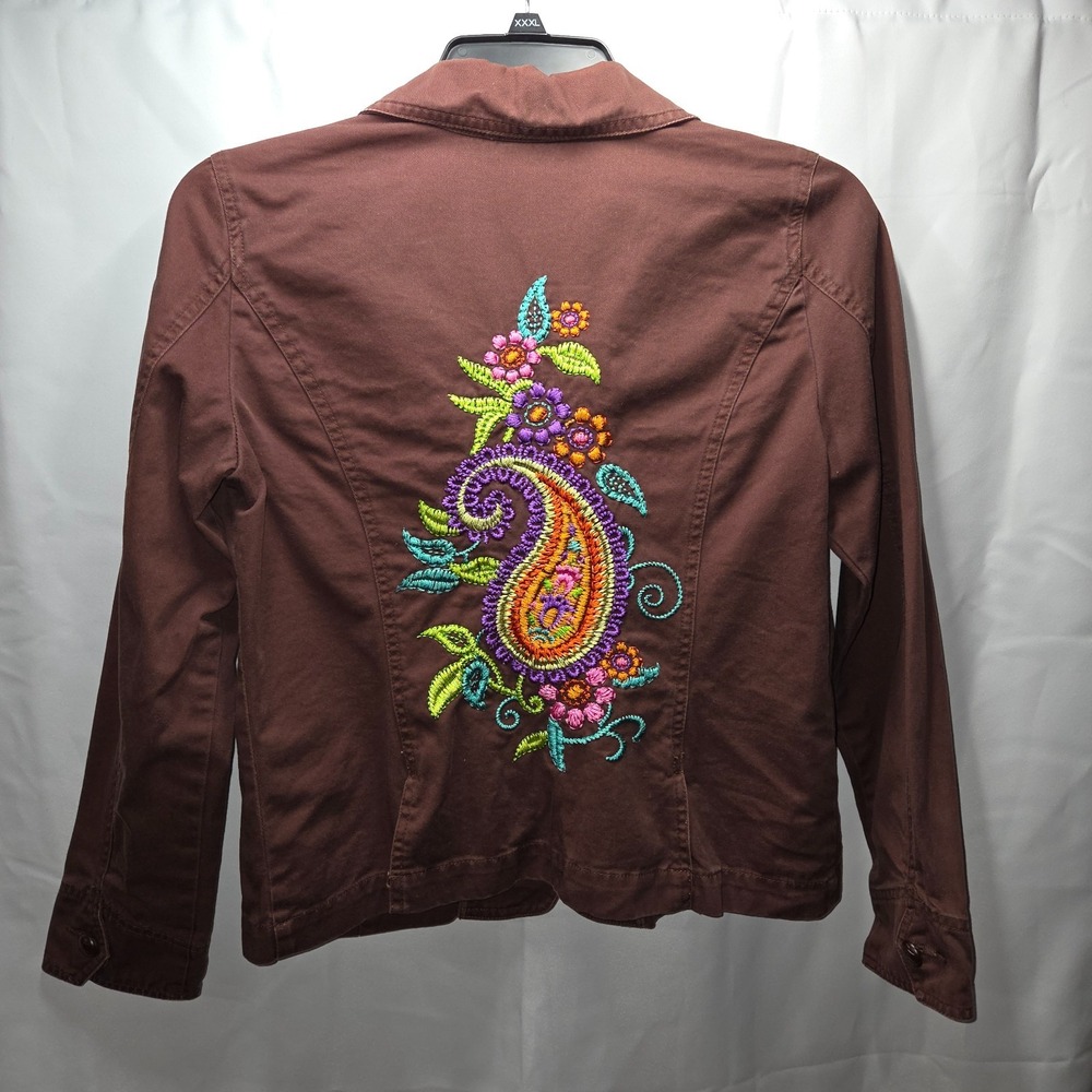 Tco. Boho Jacket Embroidered Paisley Back Brown Women's Sz Large Unique 2 Button